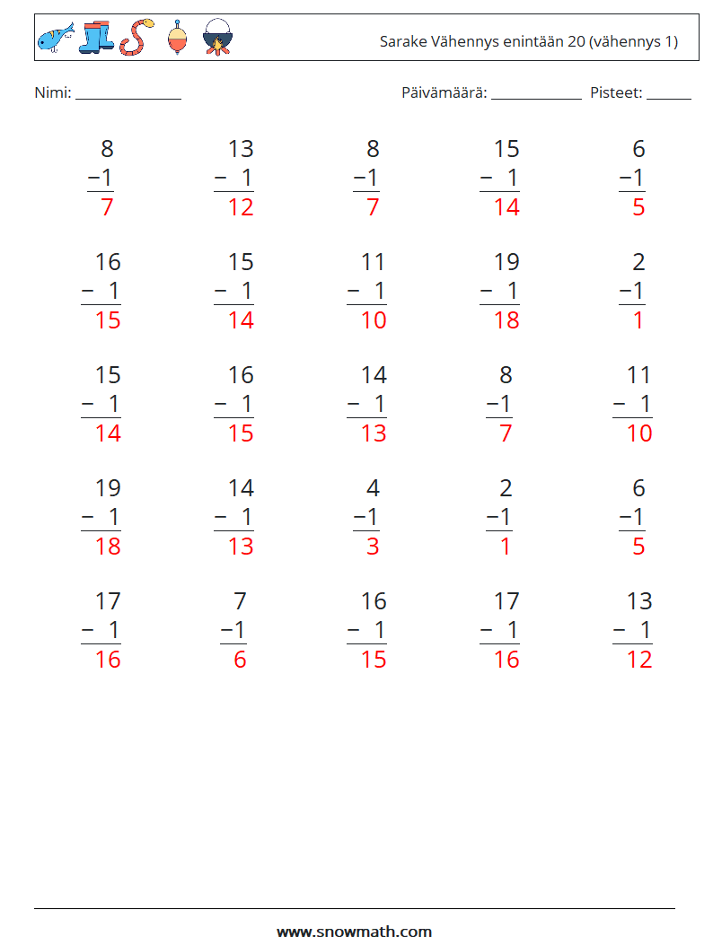 (25) Sarake Vähennys enintään 20 (vähennys 1) Matematiikan laskentataulukot 8 Kysymys, vastaus