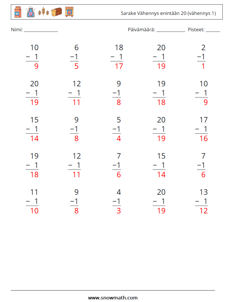 (25) Sarake Vähennys enintään 20 (vähennys 1) Matematiikan laskentataulukot 9 Kysymys, vastaus