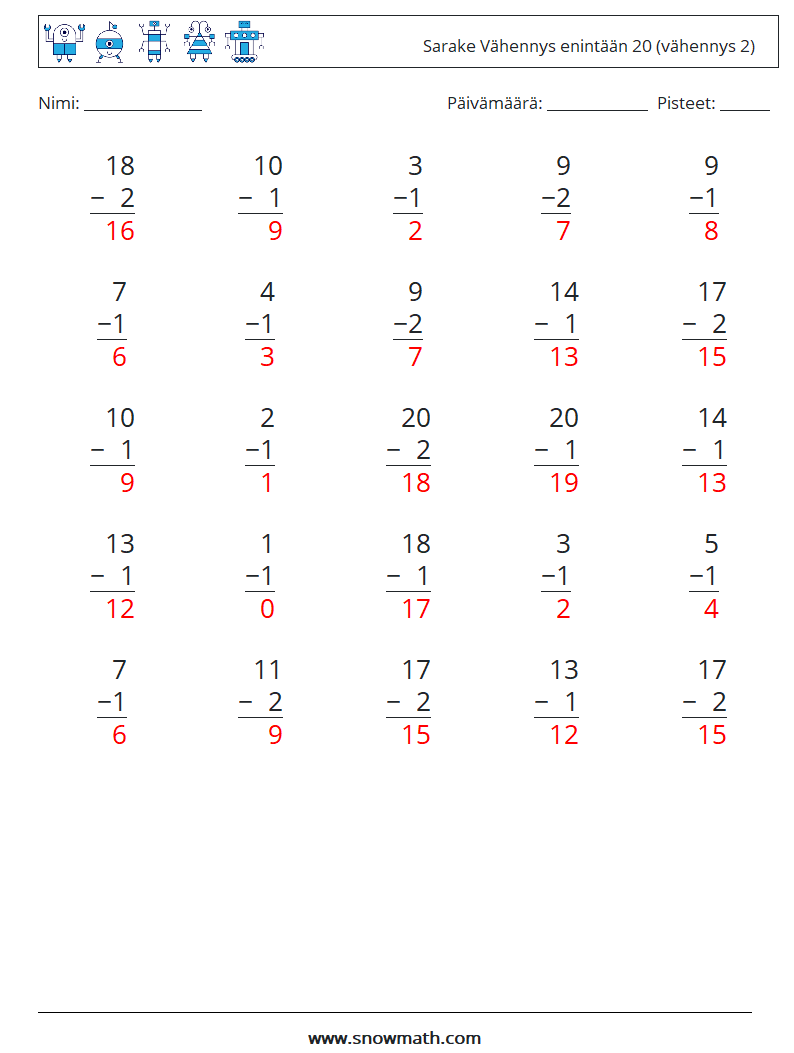 (25) Sarake Vähennys enintään 20 (vähennys 2) Matematiikan laskentataulukot 10 Kysymys, vastaus