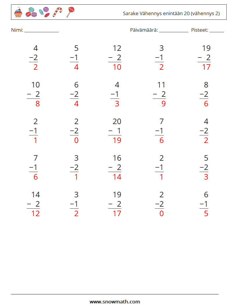 (25) Sarake Vähennys enintään 20 (vähennys 2) Matematiikan laskentataulukot 11 Kysymys, vastaus