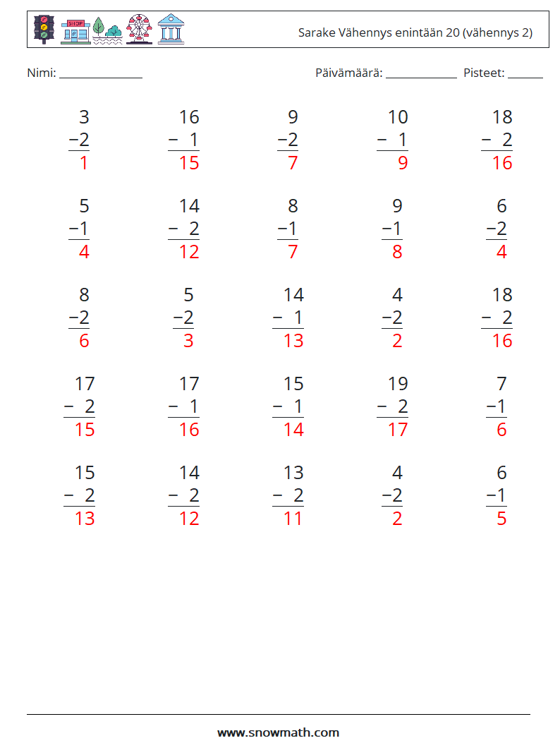 (25) Sarake Vähennys enintään 20 (vähennys 2) Matematiikan laskentataulukot 12 Kysymys, vastaus