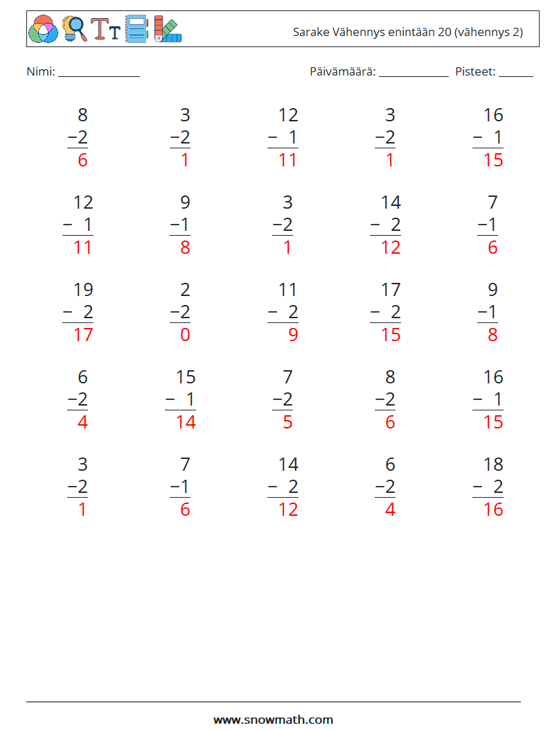 (25) Sarake Vähennys enintään 20 (vähennys 2) Matematiikan laskentataulukot 13 Kysymys, vastaus