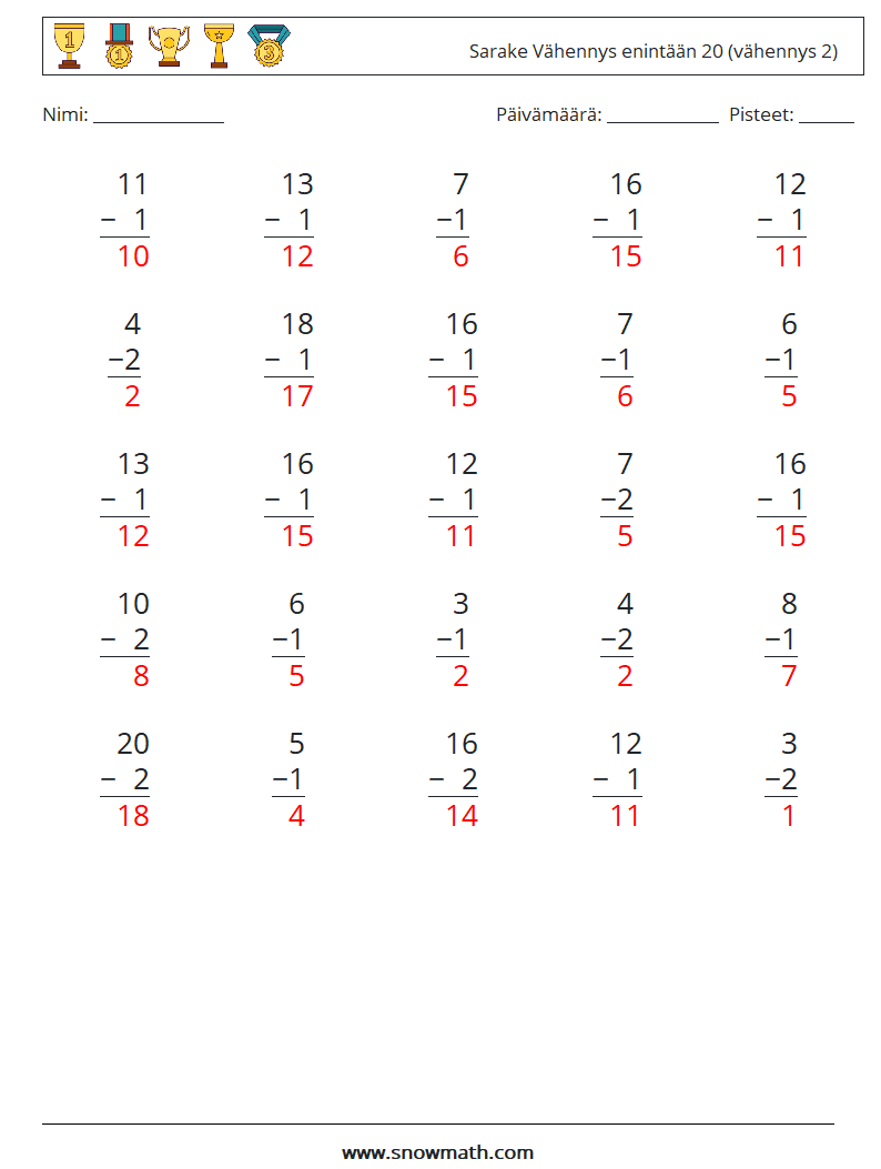 (25) Sarake Vähennys enintään 20 (vähennys 2) Matematiikan laskentataulukot 14 Kysymys, vastaus