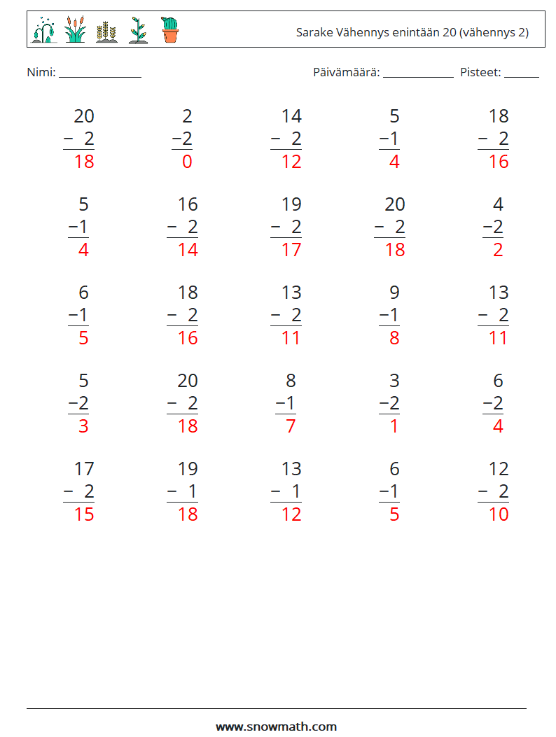 (25) Sarake Vähennys enintään 20 (vähennys 2) Matematiikan laskentataulukot 16 Kysymys, vastaus