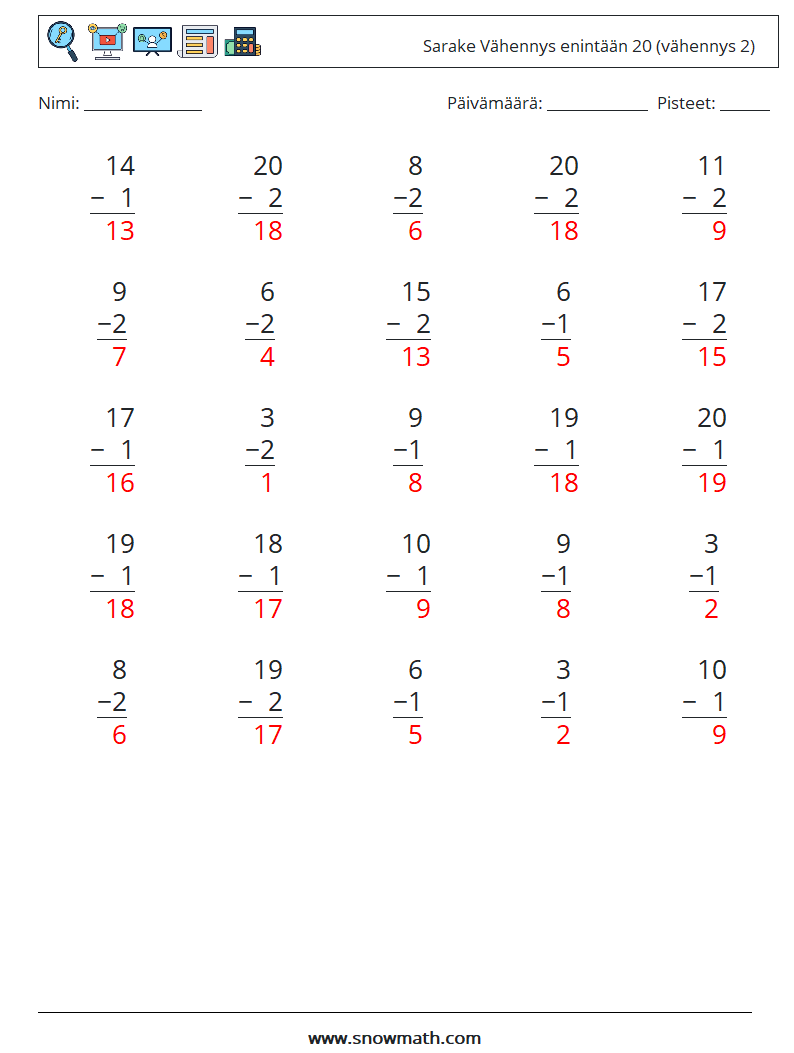 (25) Sarake Vähennys enintään 20 (vähennys 2) Matematiikan laskentataulukot 1 Kysymys, vastaus