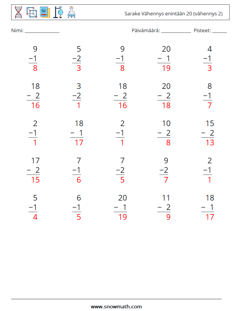 (25) Sarake Vähennys enintään 20 (vähennys 2) Matematiikan laskentataulukot 2 Kysymys, vastaus