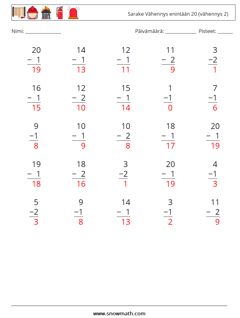 (25) Sarake Vähennys enintään 20 (vähennys 2) Matematiikan laskentataulukot 3 Kysymys, vastaus