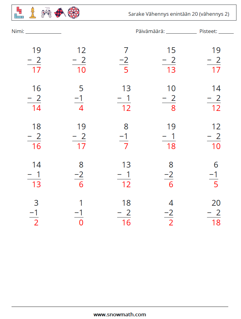 (25) Sarake Vähennys enintään 20 (vähennys 2) Matematiikan laskentataulukot 7 Kysymys, vastaus