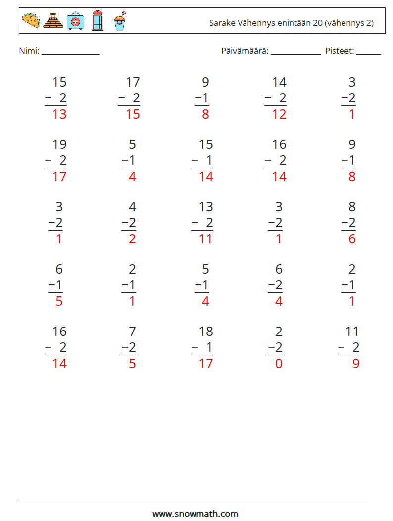 (25) Sarake Vähennys enintään 20 (vähennys 2) Matematiikan laskentataulukot 8 Kysymys, vastaus