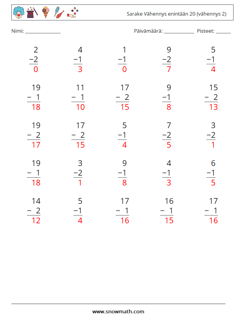 (25) Sarake Vähennys enintään 20 (vähennys 2) Matematiikan laskentataulukot 9 Kysymys, vastaus