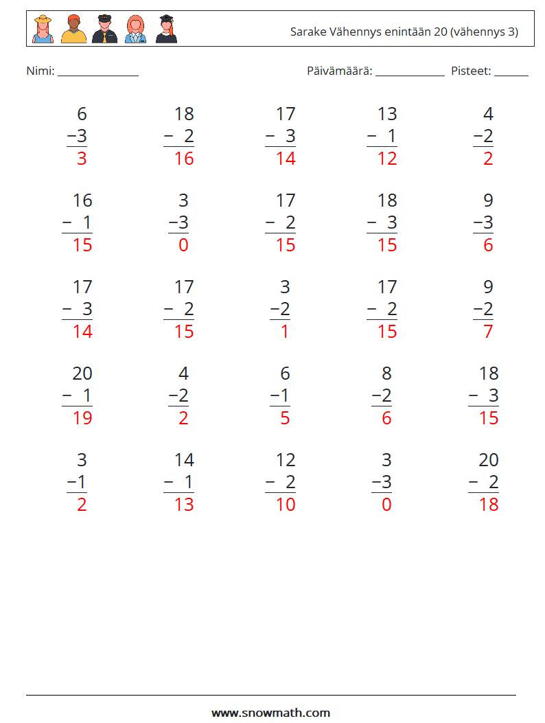 (25) Sarake Vähennys enintään 20 (vähennys 3) Matematiikan laskentataulukot 10 Kysymys, vastaus