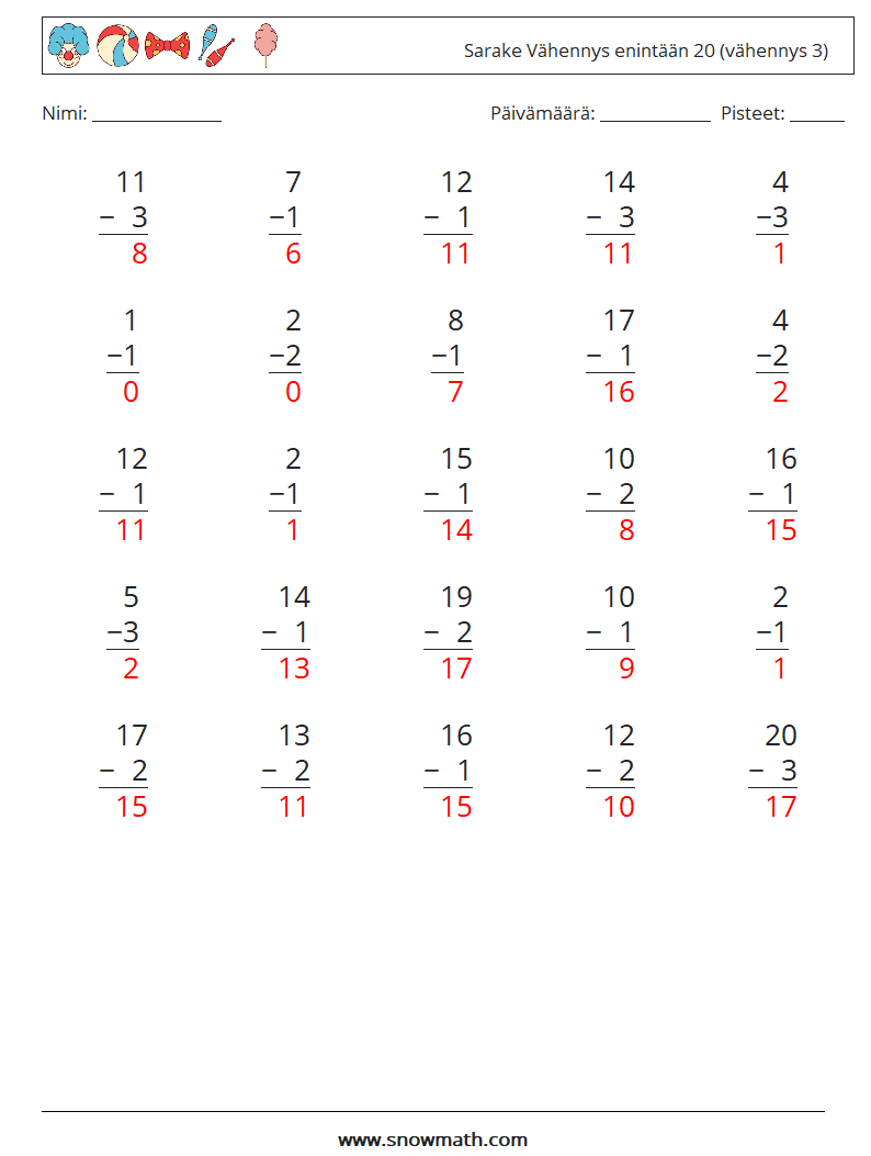 (25) Sarake Vähennys enintään 20 (vähennys 3) Matematiikan laskentataulukot 11 Kysymys, vastaus