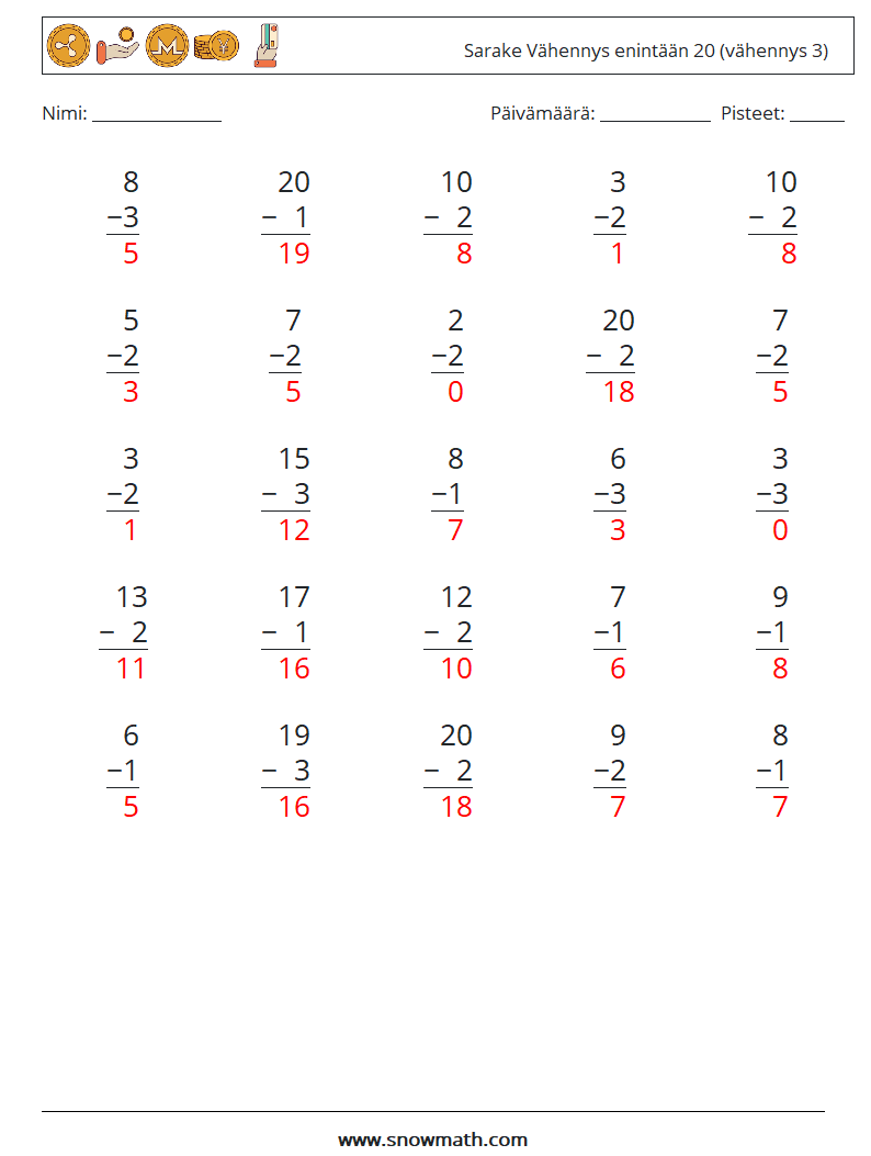 (25) Sarake Vähennys enintään 20 (vähennys 3) Matematiikan laskentataulukot 13 Kysymys, vastaus