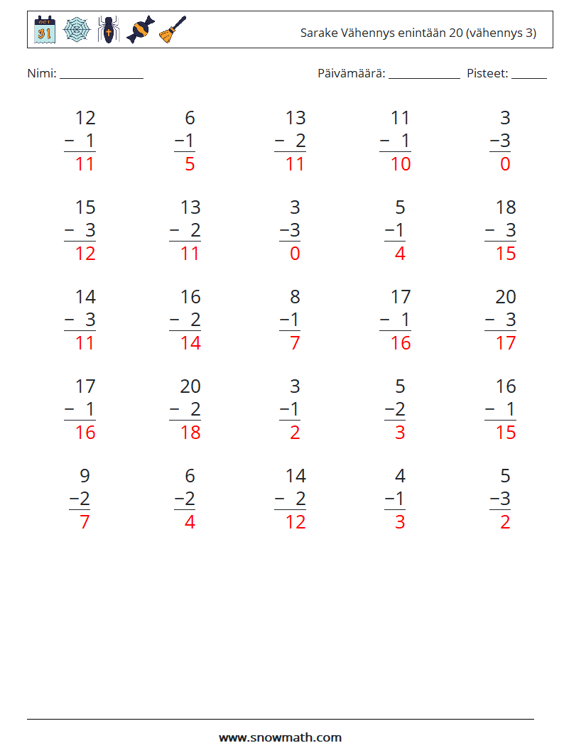 (25) Sarake Vähennys enintään 20 (vähennys 3) Matematiikan laskentataulukot 1 Kysymys, vastaus