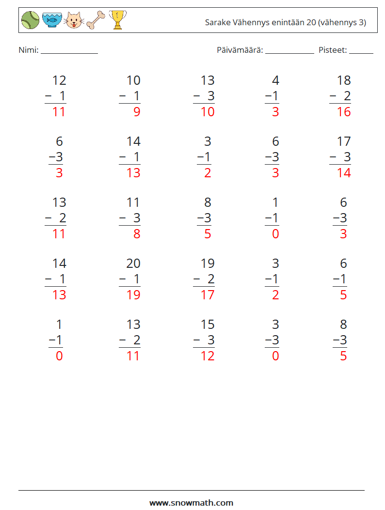 (25) Sarake Vähennys enintään 20 (vähennys 3) Matematiikan laskentataulukot 2 Kysymys, vastaus