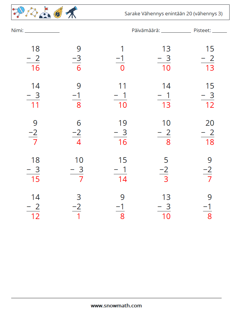 (25) Sarake Vähennys enintään 20 (vähennys 3) Matematiikan laskentataulukot 3 Kysymys, vastaus