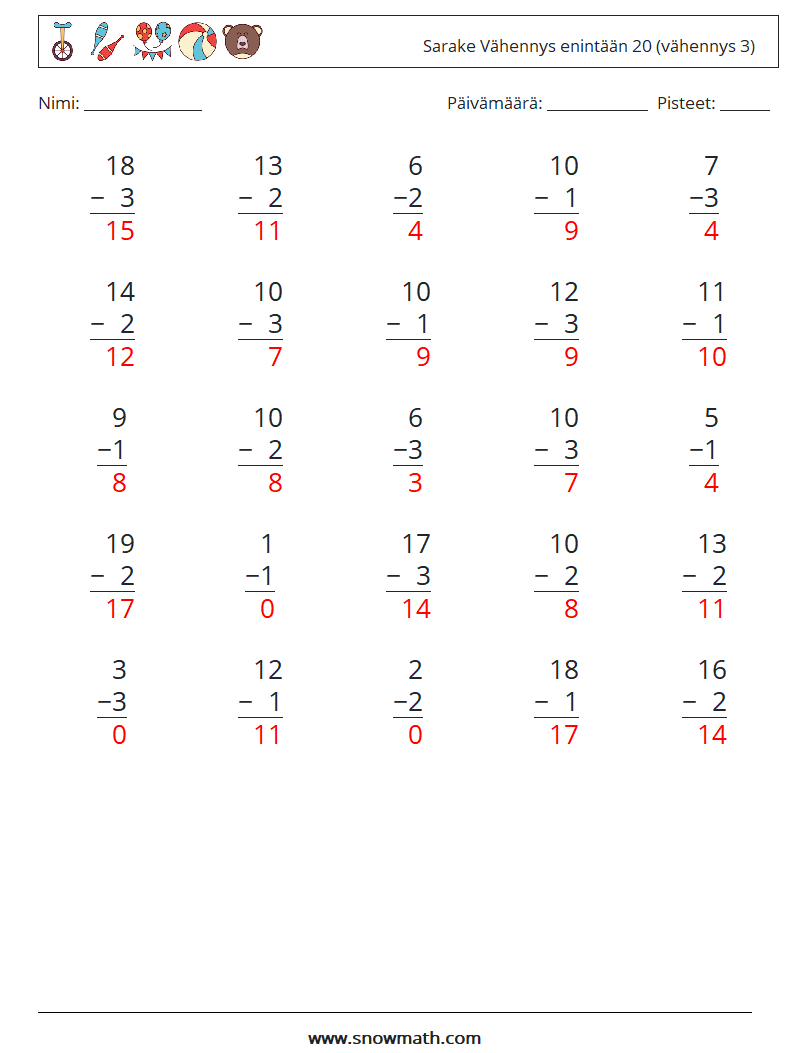 (25) Sarake Vähennys enintään 20 (vähennys 3) Matematiikan laskentataulukot 4 Kysymys, vastaus