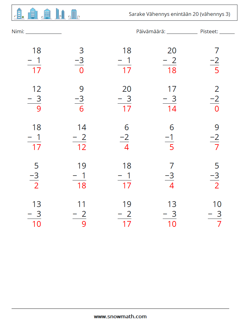 (25) Sarake Vähennys enintään 20 (vähennys 3) Matematiikan laskentataulukot 5 Kysymys, vastaus