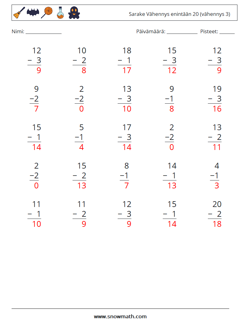 (25) Sarake Vähennys enintään 20 (vähennys 3) Matematiikan laskentataulukot 7 Kysymys, vastaus