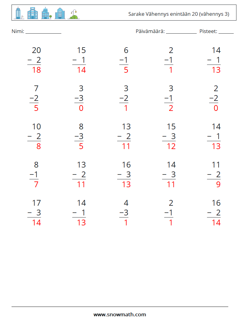 (25) Sarake Vähennys enintään 20 (vähennys 3) Matematiikan laskentataulukot 8 Kysymys, vastaus