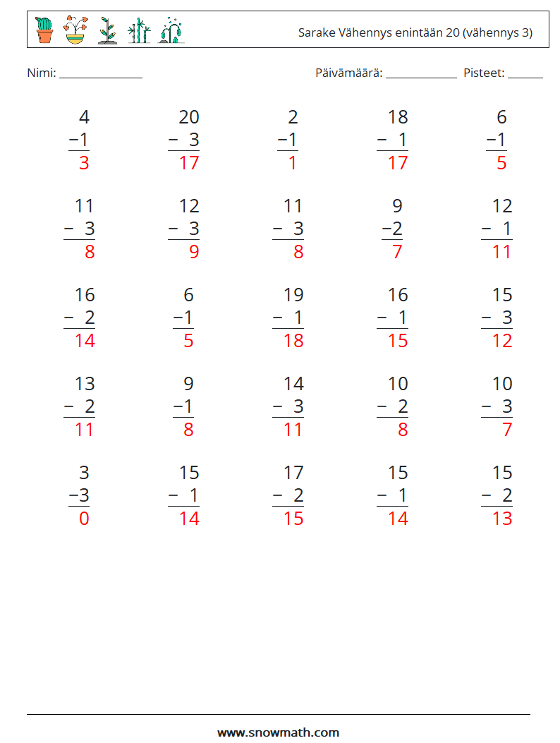 (25) Sarake Vähennys enintään 20 (vähennys 3) Matematiikan laskentataulukot 9 Kysymys, vastaus