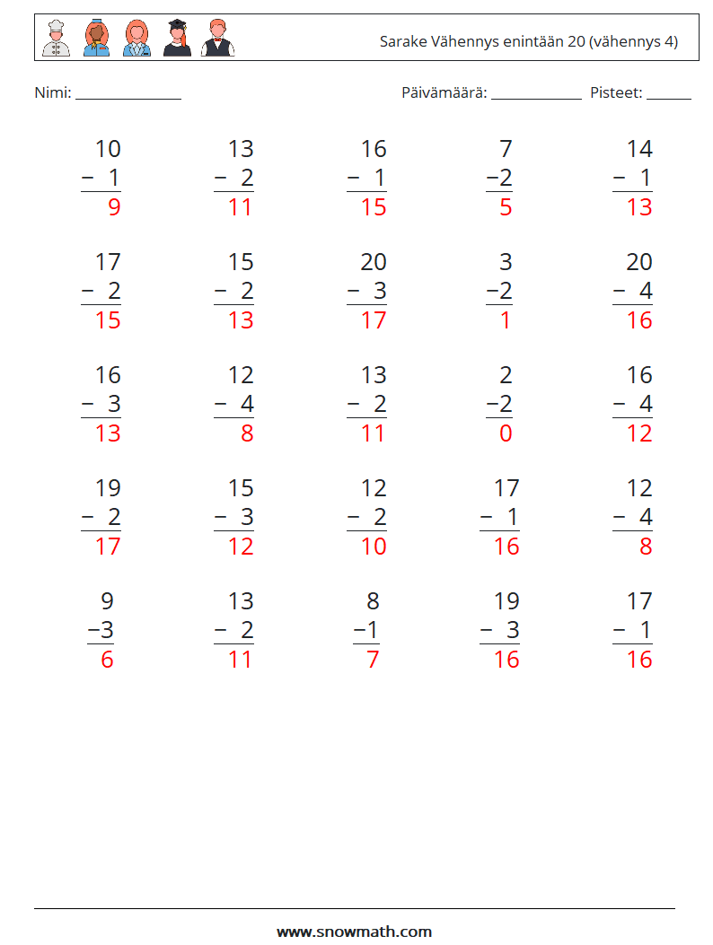 (25) Sarake Vähennys enintään 20 (vähennys 4) Matematiikan laskentataulukot 10 Kysymys, vastaus