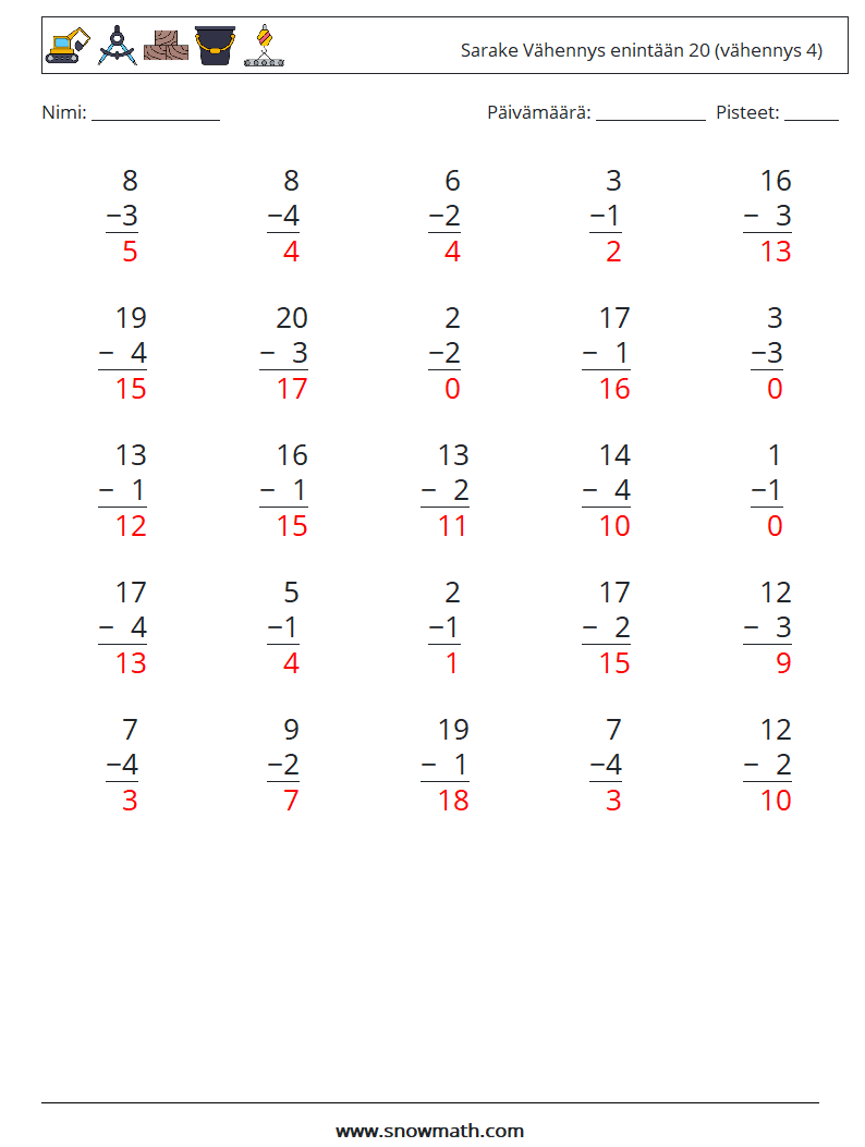 (25) Sarake Vähennys enintään 20 (vähennys 4) Matematiikan laskentataulukot 12 Kysymys, vastaus