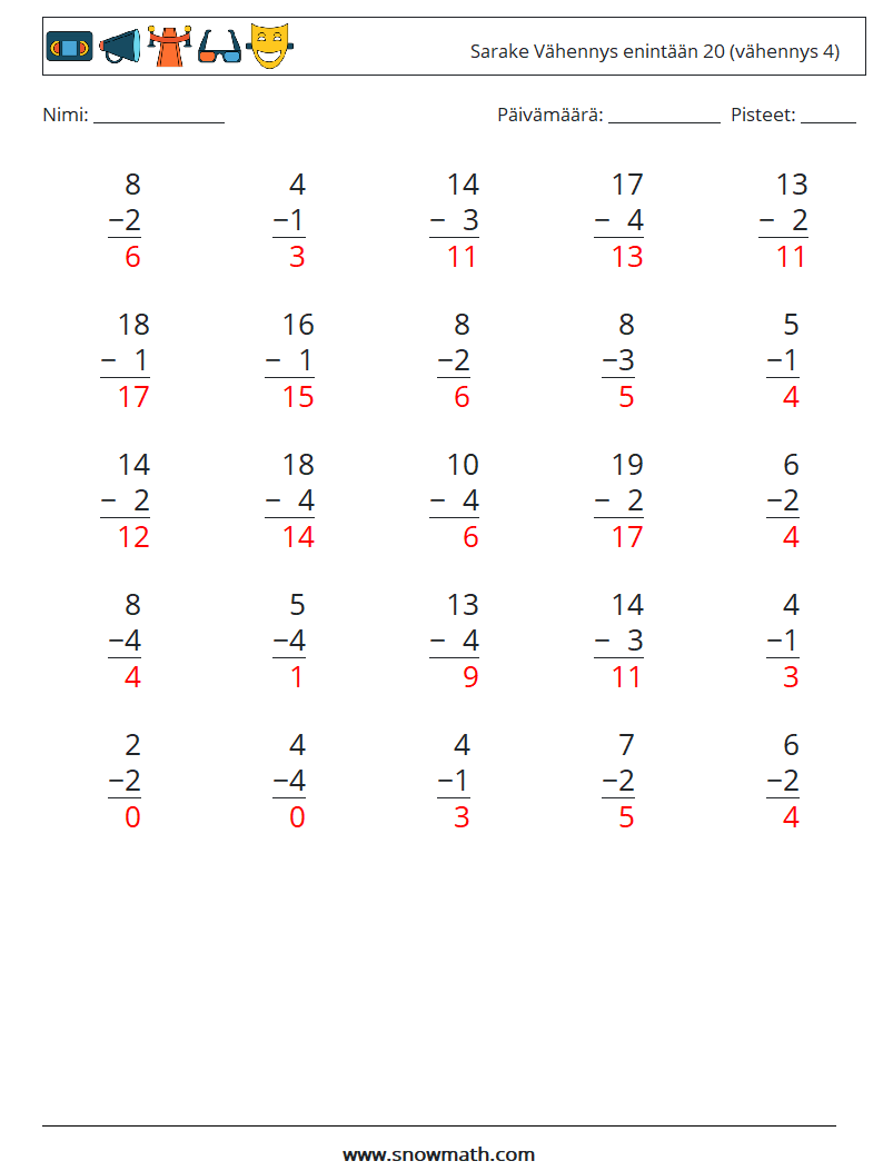 (25) Sarake Vähennys enintään 20 (vähennys 4) Matematiikan laskentataulukot 13 Kysymys, vastaus