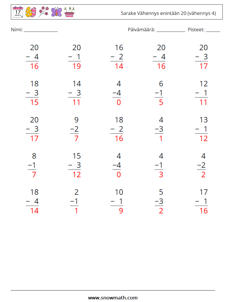 (25) Sarake Vähennys enintään 20 (vähennys 4) Matematiikan laskentataulukot 14 Kysymys, vastaus