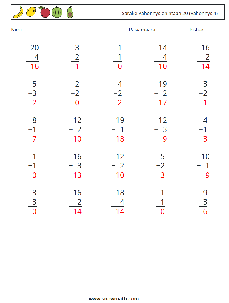 (25) Sarake Vähennys enintään 20 (vähennys 4) Matematiikan laskentataulukot 16 Kysymys, vastaus