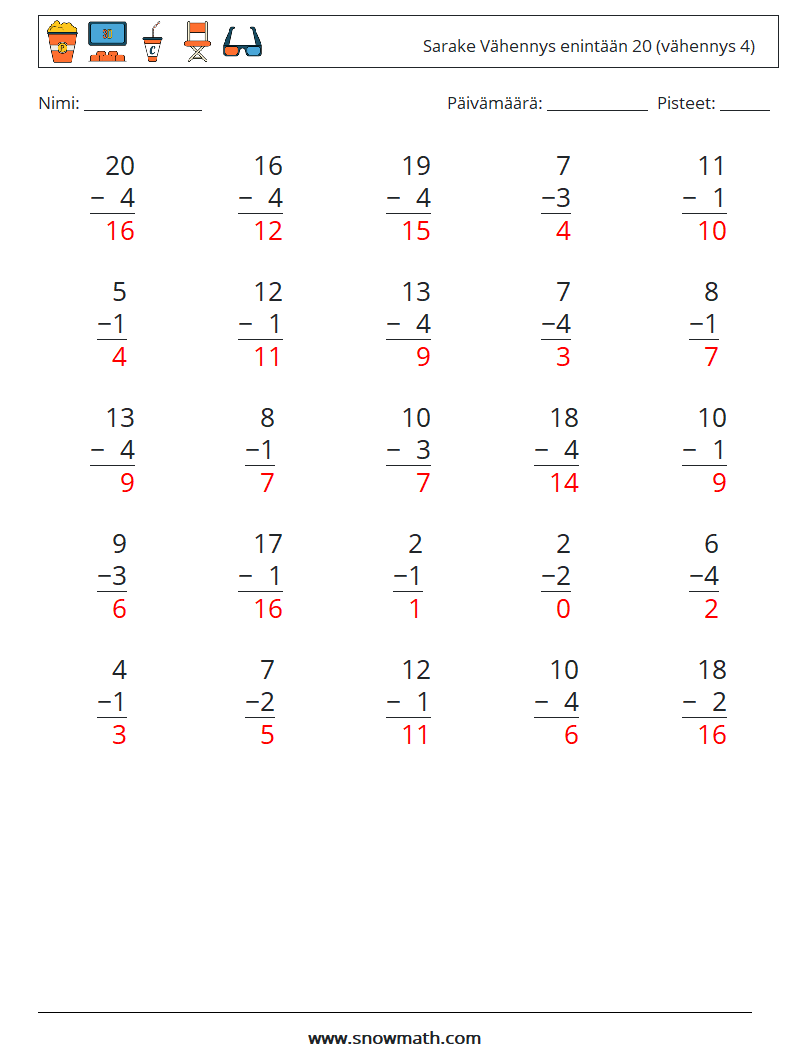 (25) Sarake Vähennys enintään 20 (vähennys 4) Matematiikan laskentataulukot 17 Kysymys, vastaus