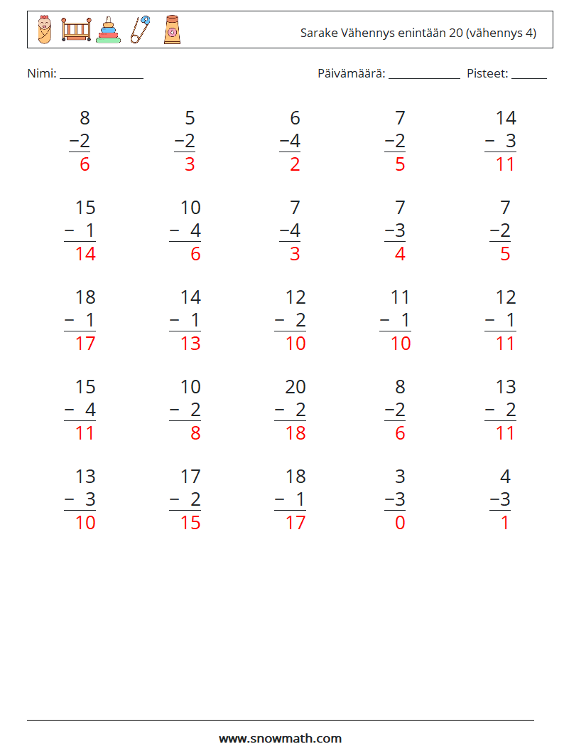 (25) Sarake Vähennys enintään 20 (vähennys 4) Matematiikan laskentataulukot 18 Kysymys, vastaus