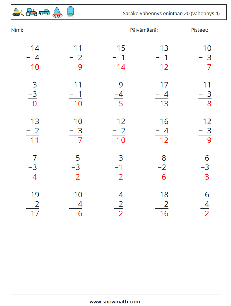 (25) Sarake Vähennys enintään 20 (vähennys 4) Matematiikan laskentataulukot 1 Kysymys, vastaus