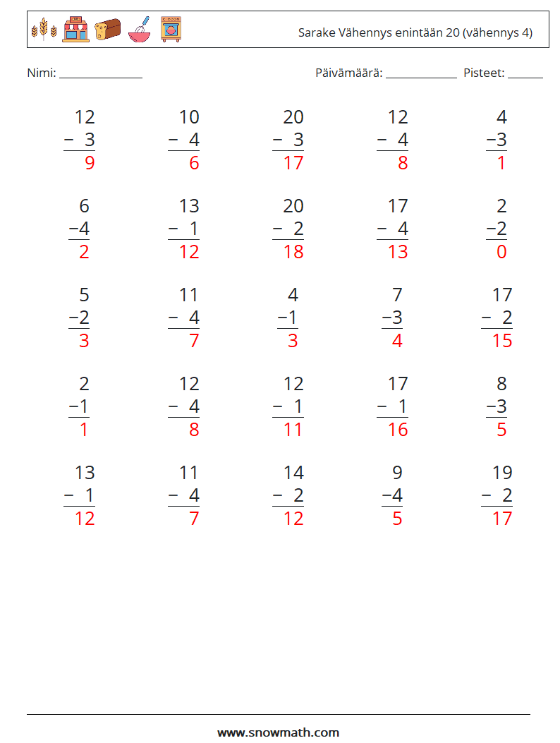 (25) Sarake Vähennys enintään 20 (vähennys 4) Matematiikan laskentataulukot 3 Kysymys, vastaus