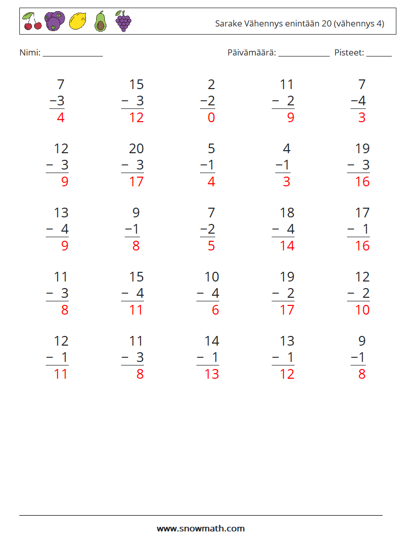 (25) Sarake Vähennys enintään 20 (vähennys 4) Matematiikan laskentataulukot 4 Kysymys, vastaus