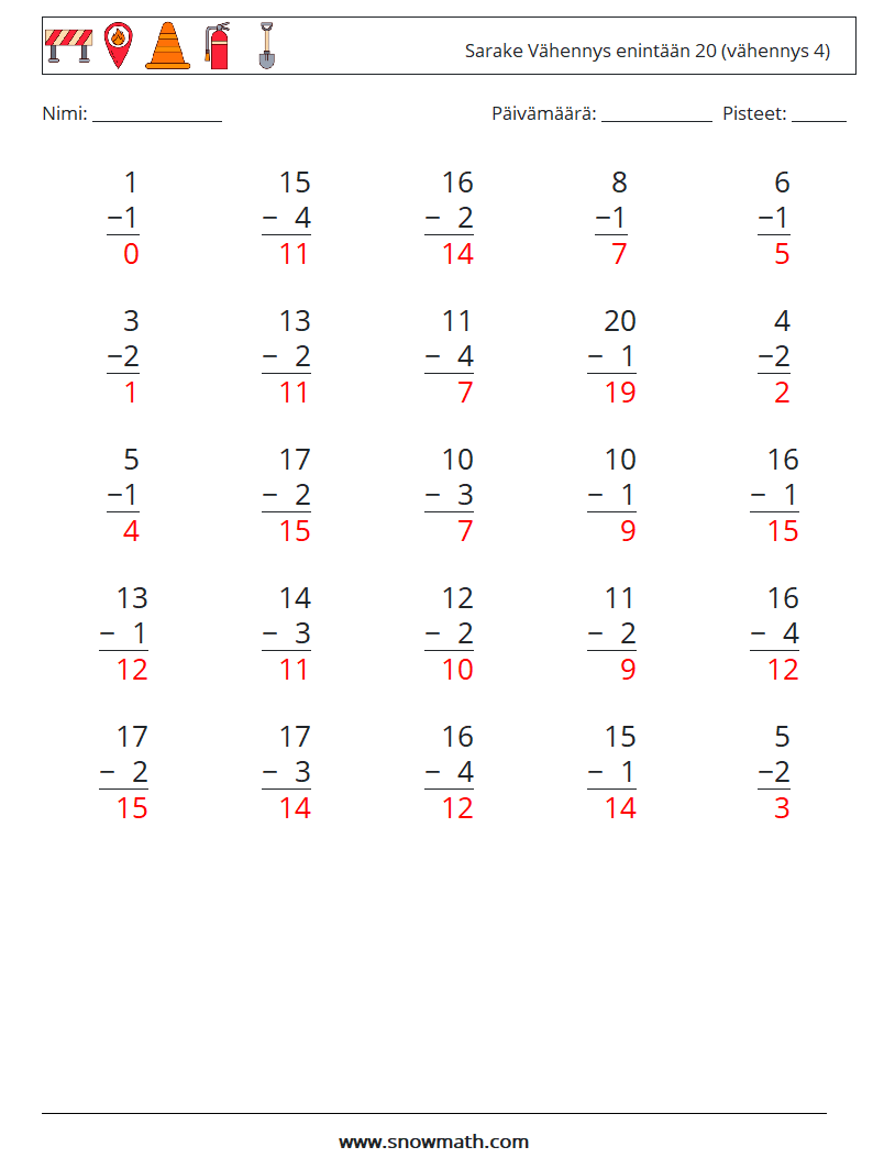 (25) Sarake Vähennys enintään 20 (vähennys 4) Matematiikan laskentataulukot 5 Kysymys, vastaus