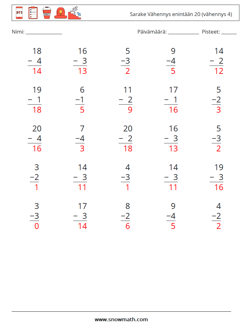 (25) Sarake Vähennys enintään 20 (vähennys 4) Matematiikan laskentataulukot 8 Kysymys, vastaus