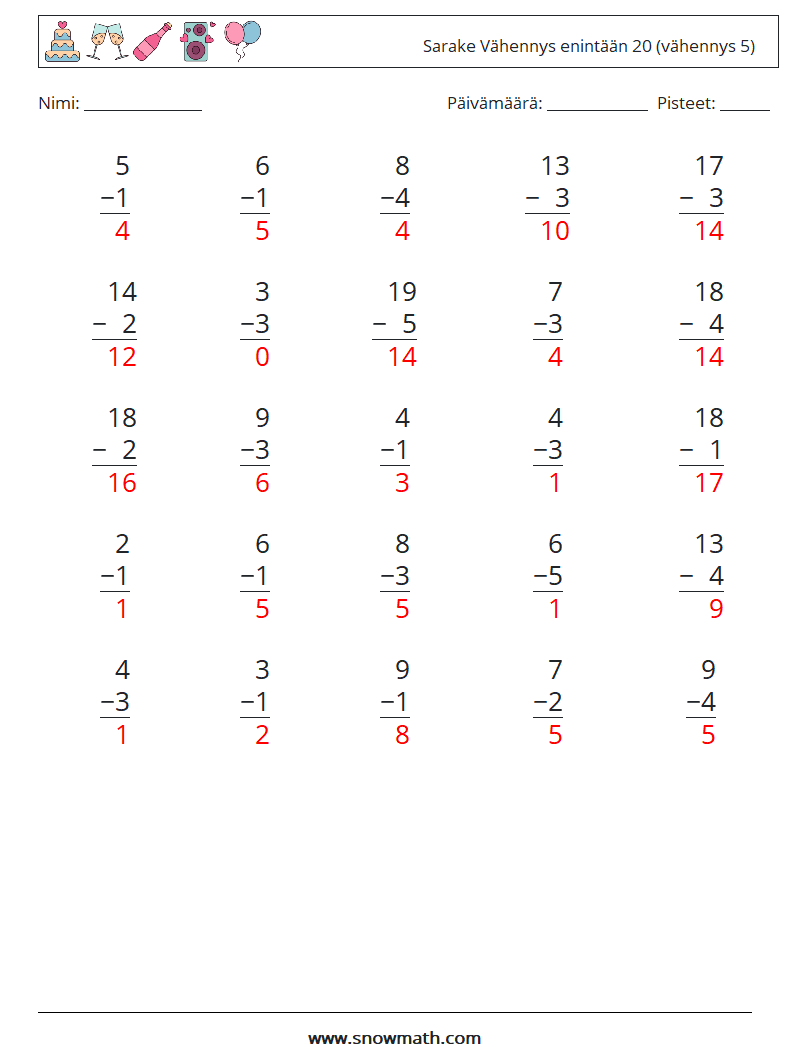 (25) Sarake Vähennys enintään 20 (vähennys 5) Matematiikan laskentataulukot 12 Kysymys, vastaus