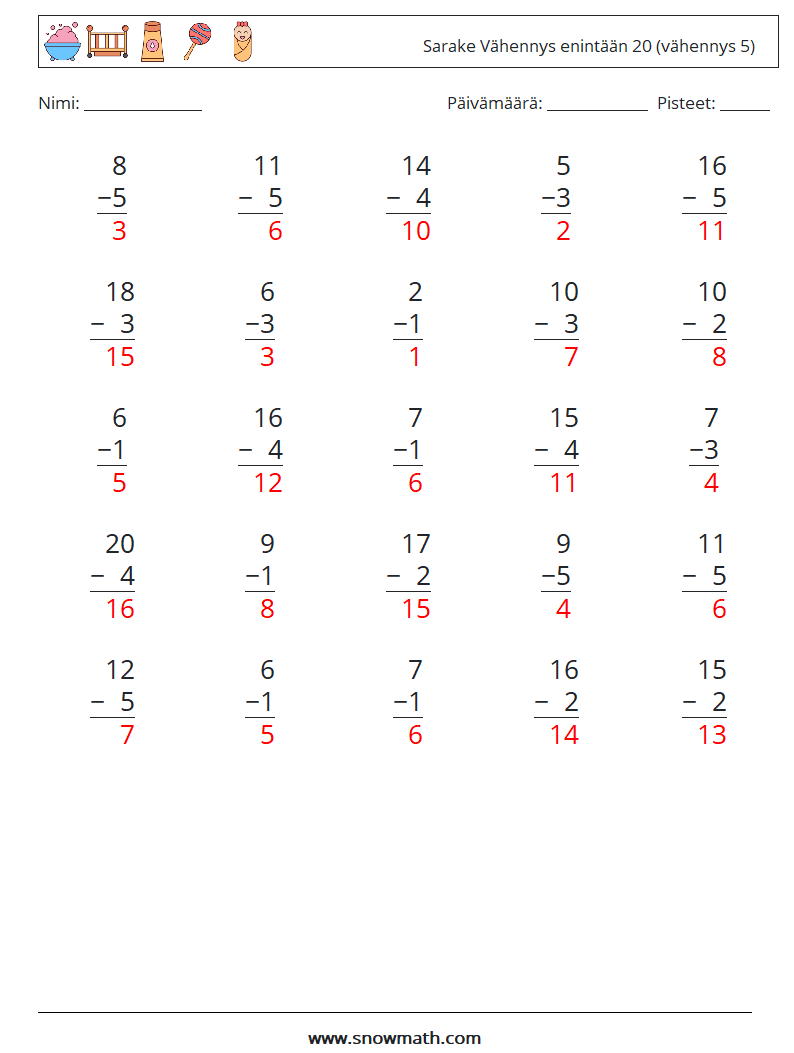 (25) Sarake Vähennys enintään 20 (vähennys 5) Matematiikan laskentataulukot 18 Kysymys, vastaus