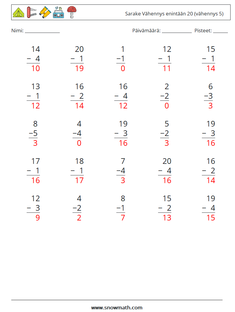 (25) Sarake Vähennys enintään 20 (vähennys 5) Matematiikan laskentataulukot 4 Kysymys, vastaus