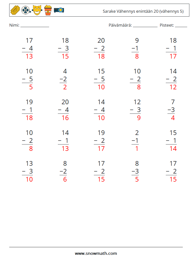 (25) Sarake Vähennys enintään 20 (vähennys 5) Matematiikan laskentataulukot 5 Kysymys, vastaus