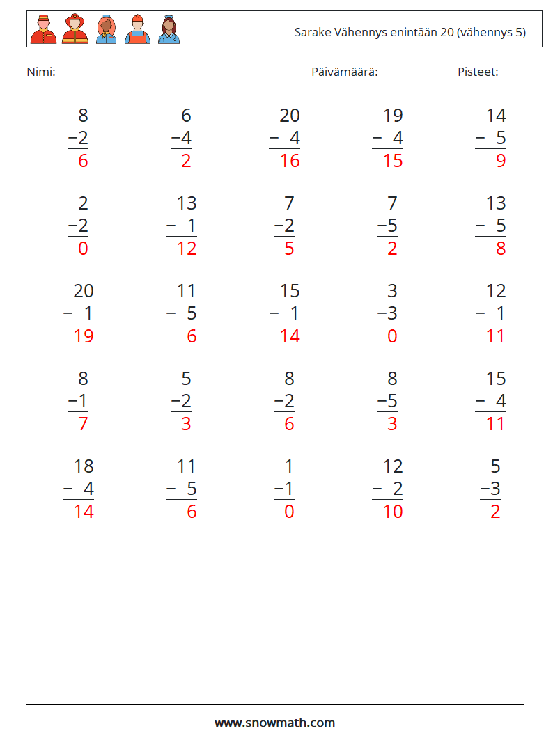 (25) Sarake Vähennys enintään 20 (vähennys 5) Matematiikan laskentataulukot 7 Kysymys, vastaus