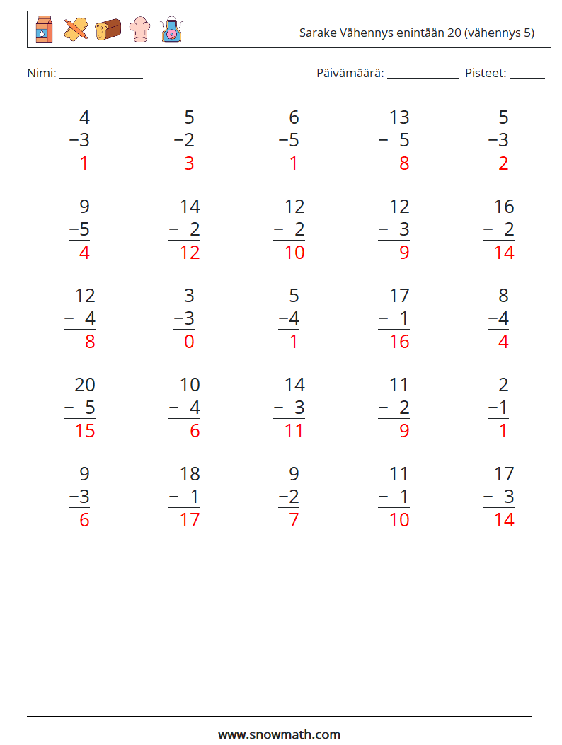 (25) Sarake Vähennys enintään 20 (vähennys 5) Matematiikan laskentataulukot 8 Kysymys, vastaus