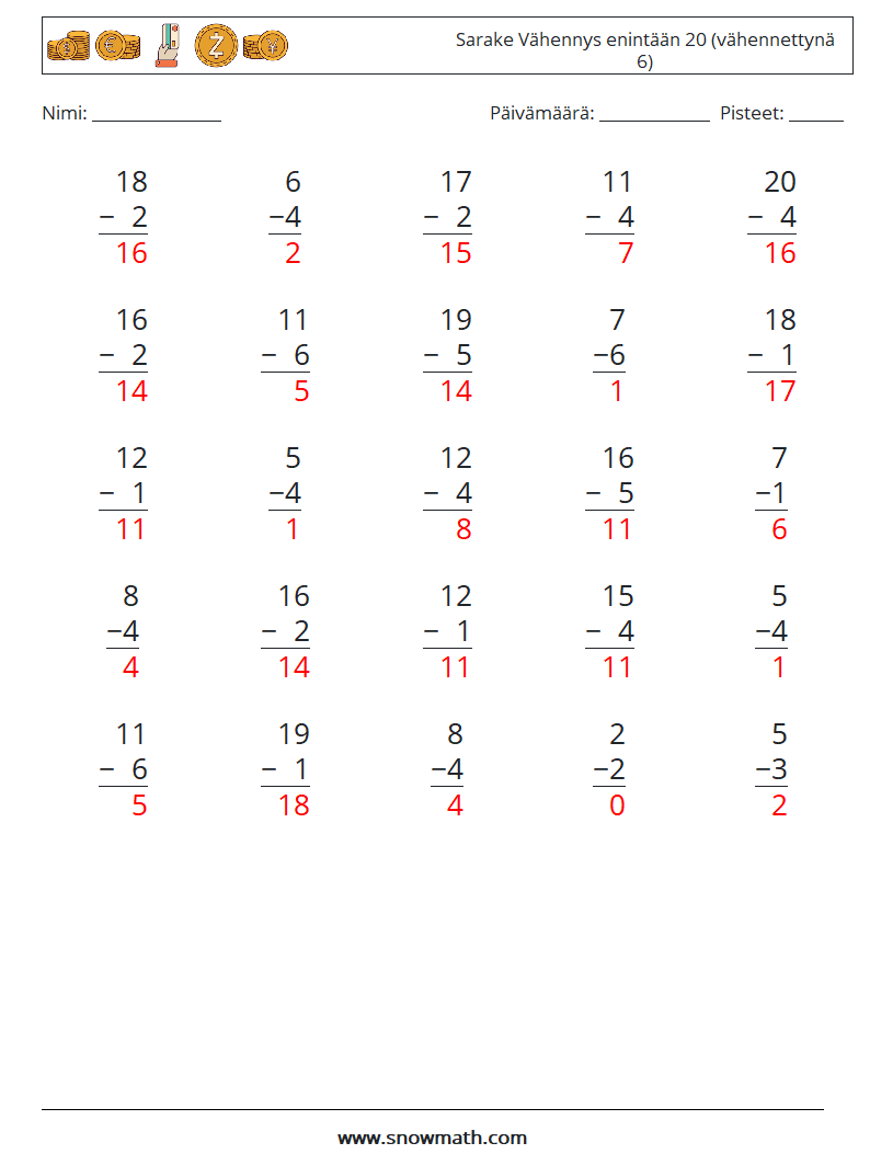 (25) Sarake Vähennys enintään 20 (vähennettynä 6) Matematiikan laskentataulukot 10 Kysymys, vastaus