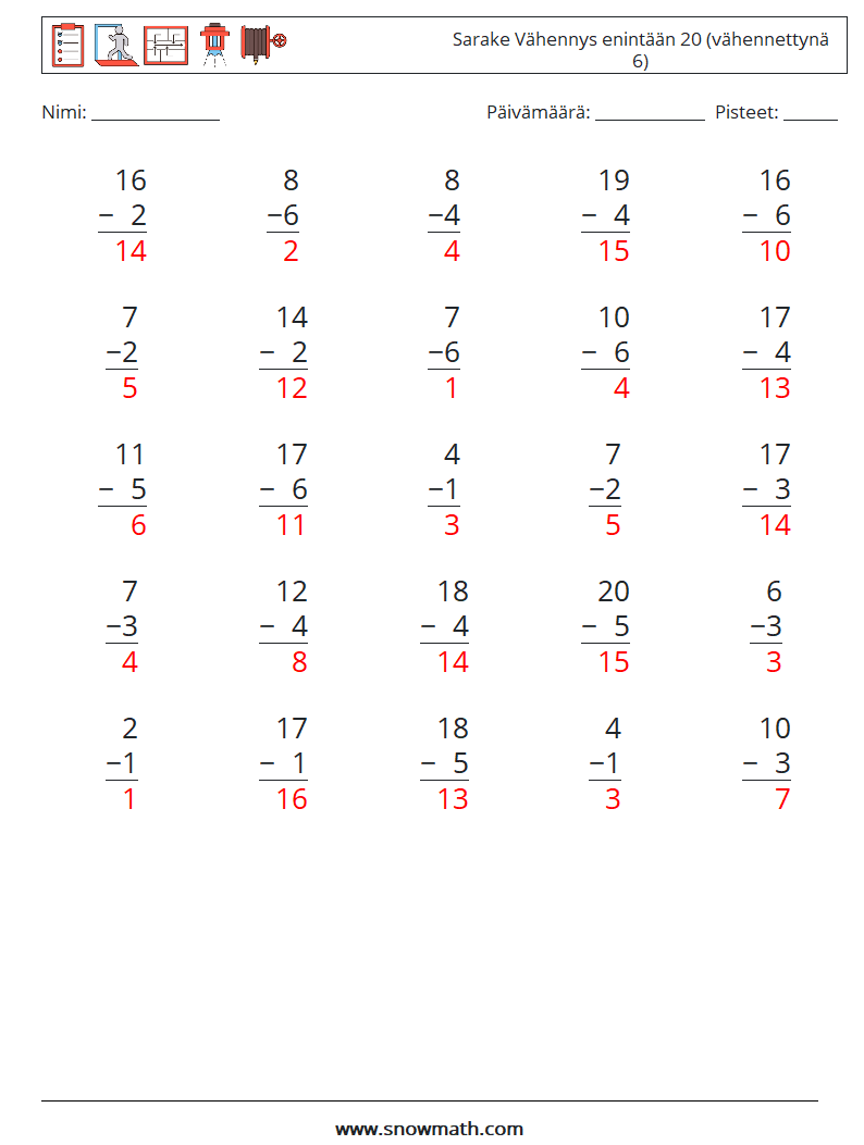 (25) Sarake Vähennys enintään 20 (vähennettynä 6) Matematiikan laskentataulukot 11 Kysymys, vastaus