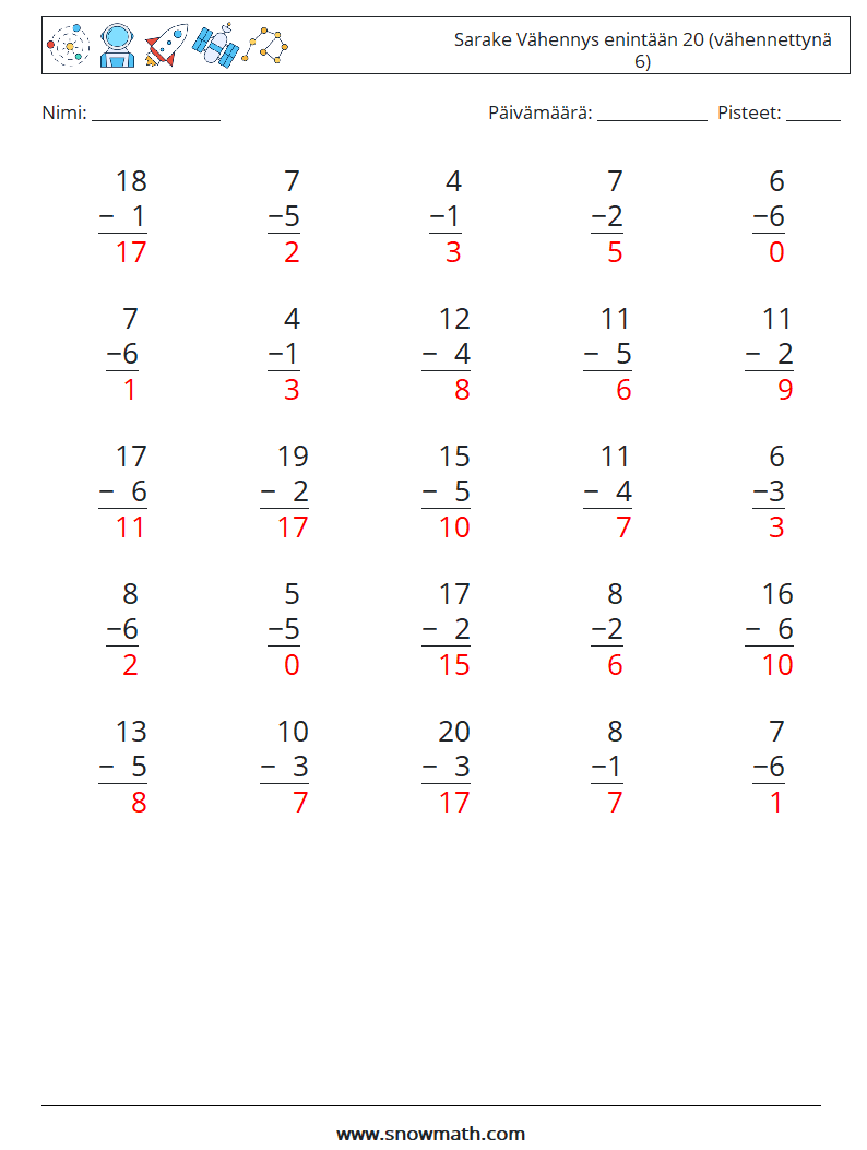 (25) Sarake Vähennys enintään 20 (vähennettynä 6) Matematiikan laskentataulukot 12 Kysymys, vastaus