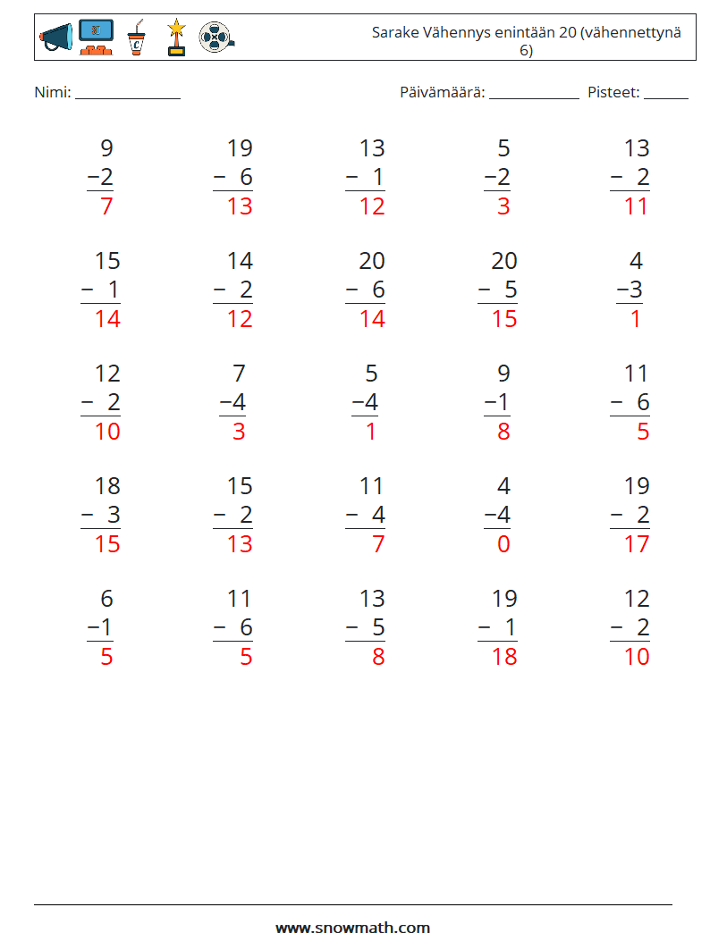 (25) Sarake Vähennys enintään 20 (vähennettynä 6) Matematiikan laskentataulukot 14 Kysymys, vastaus