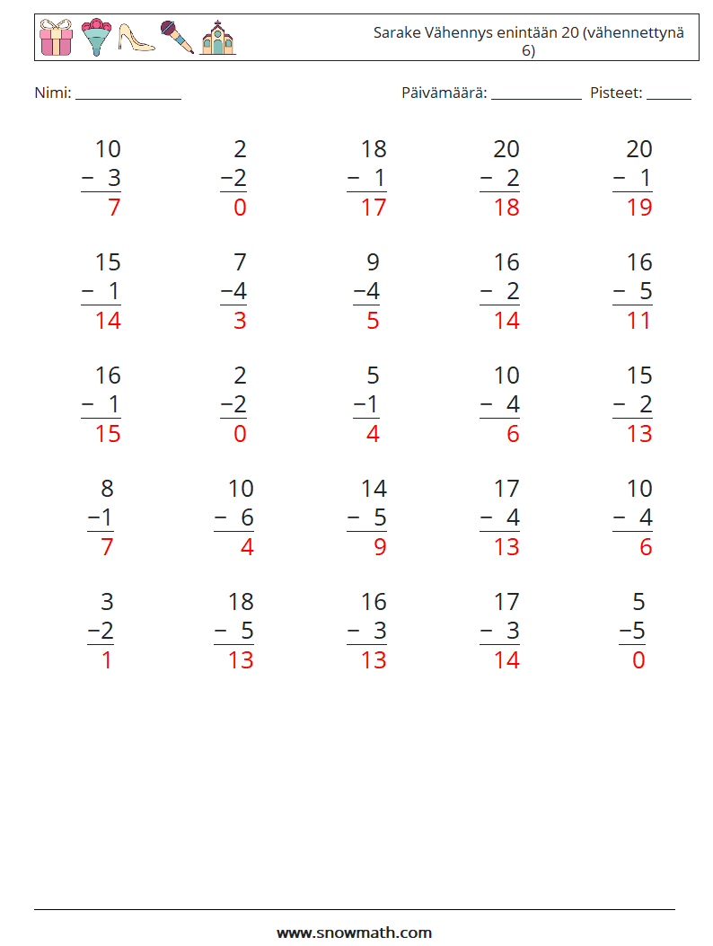 (25) Sarake Vähennys enintään 20 (vähennettynä 6) Matematiikan laskentataulukot 16 Kysymys, vastaus