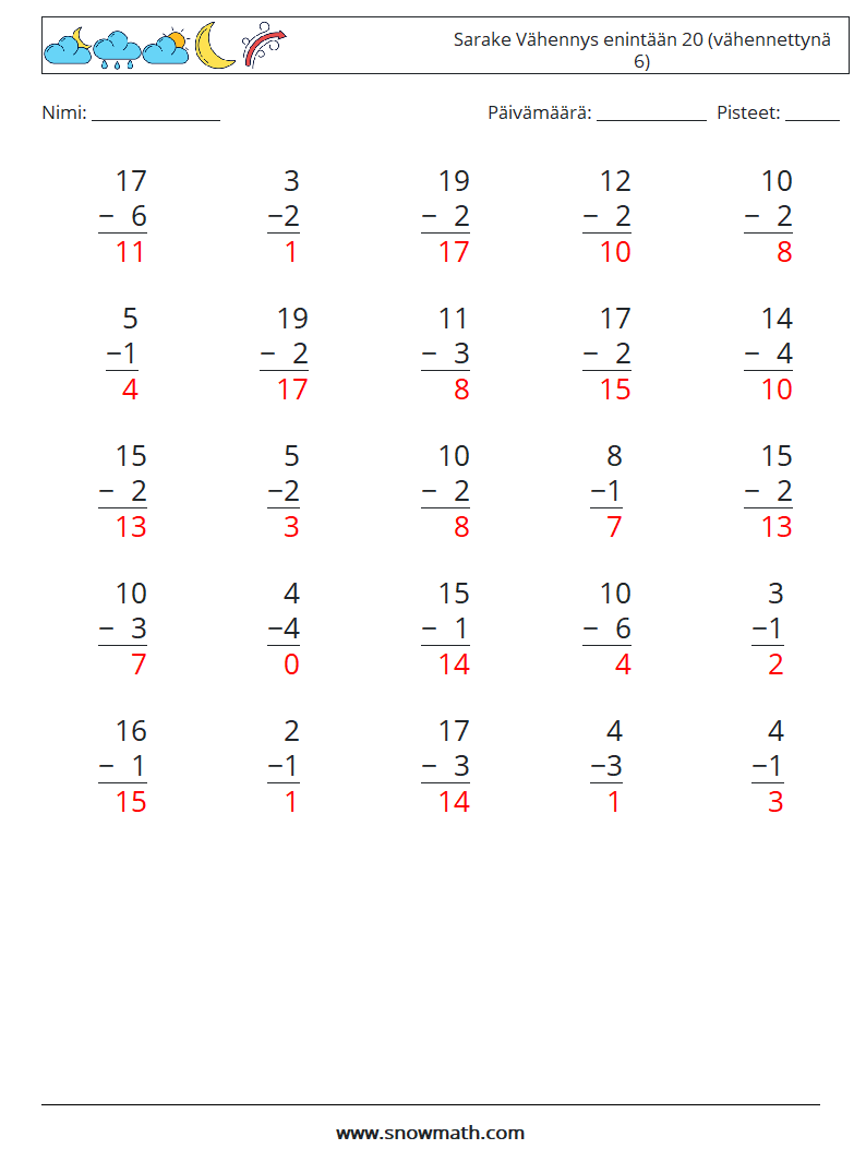 (25) Sarake Vähennys enintään 20 (vähennettynä 6) Matematiikan laskentataulukot 18 Kysymys, vastaus