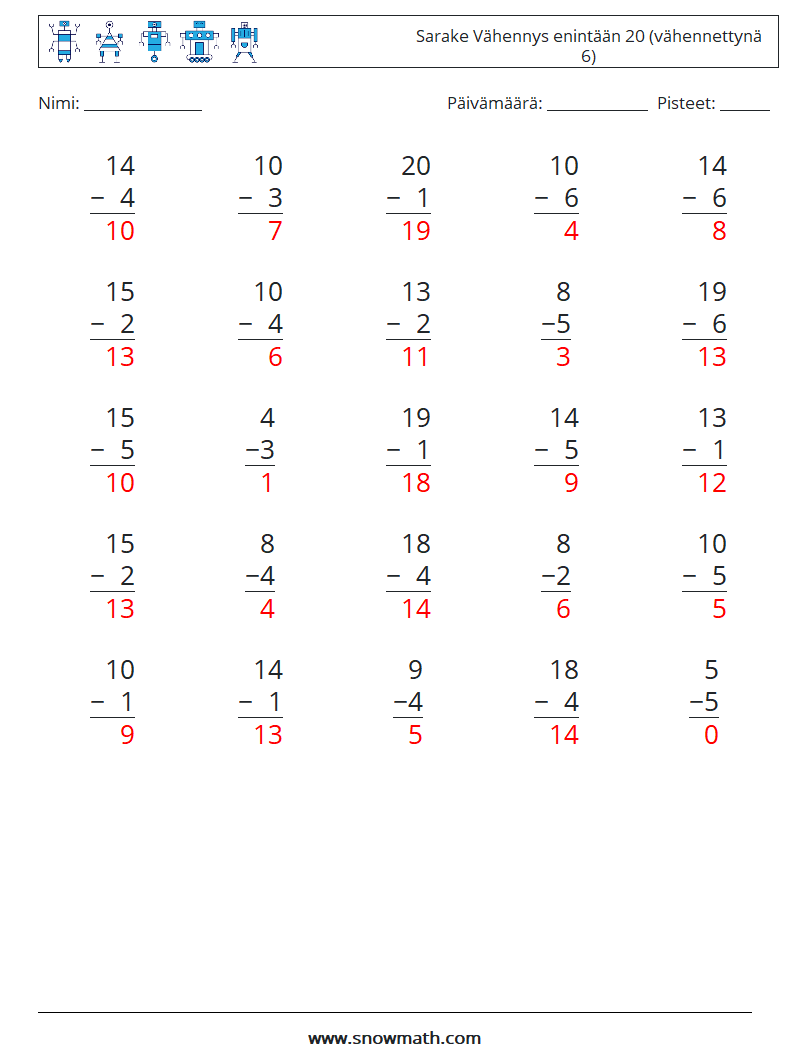 (25) Sarake Vähennys enintään 20 (vähennettynä 6) Matematiikan laskentataulukot 2 Kysymys, vastaus